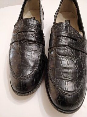 Vintage Sesto Meucci Black Croc Embossed Leather Penny Loafers 5.5 N Italy
